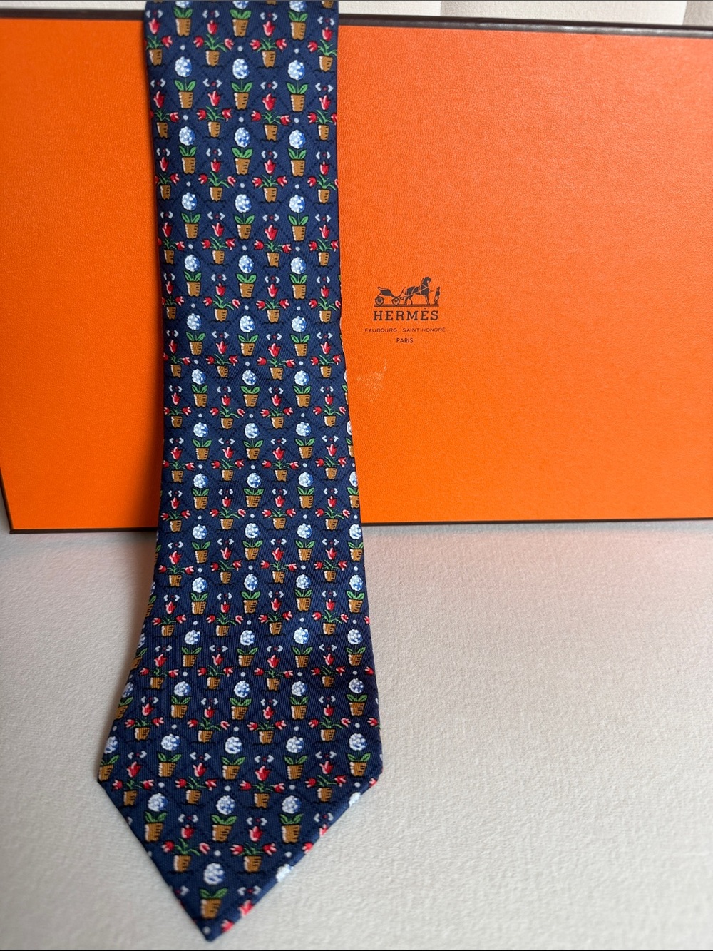 Hermès Paris Silk Tie Navy Floral Potted Plant Print Luxury Made in France w Box